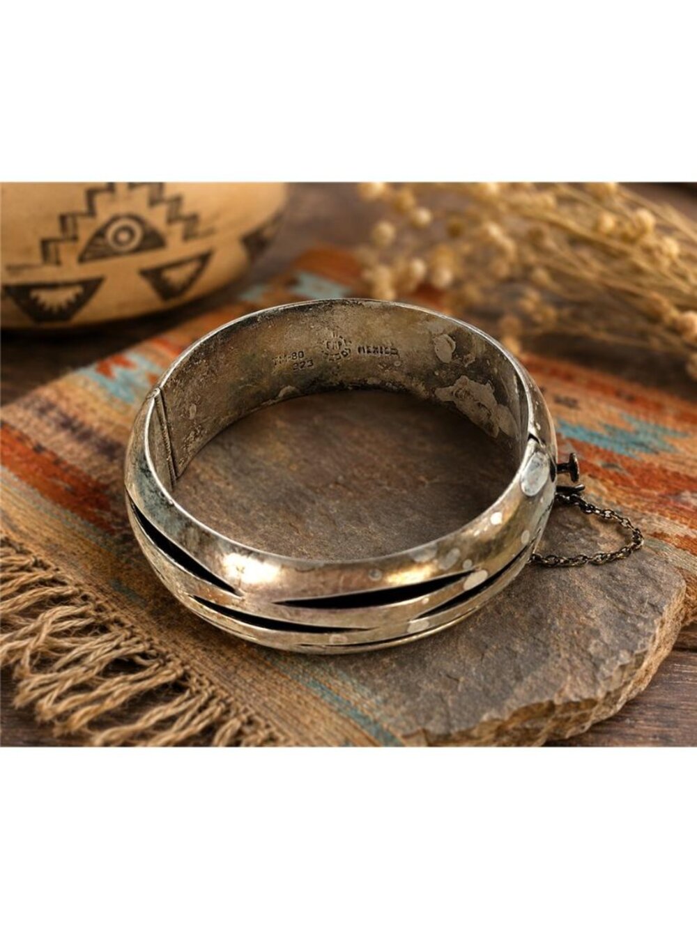 Vintage Taxco TM-80 Mexico 925 Sterling Silver Hinged Bangle Bracelet 7 inch